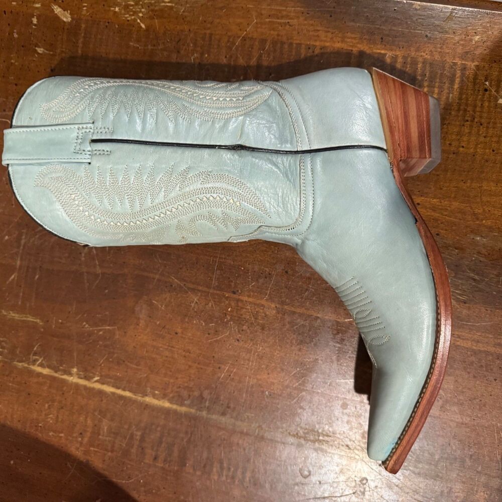 Rio Grande Leather Cowboy Girl Boots Women Sz 7 Light Blue Pointed Toe Slip-On - Picture 11 of 15